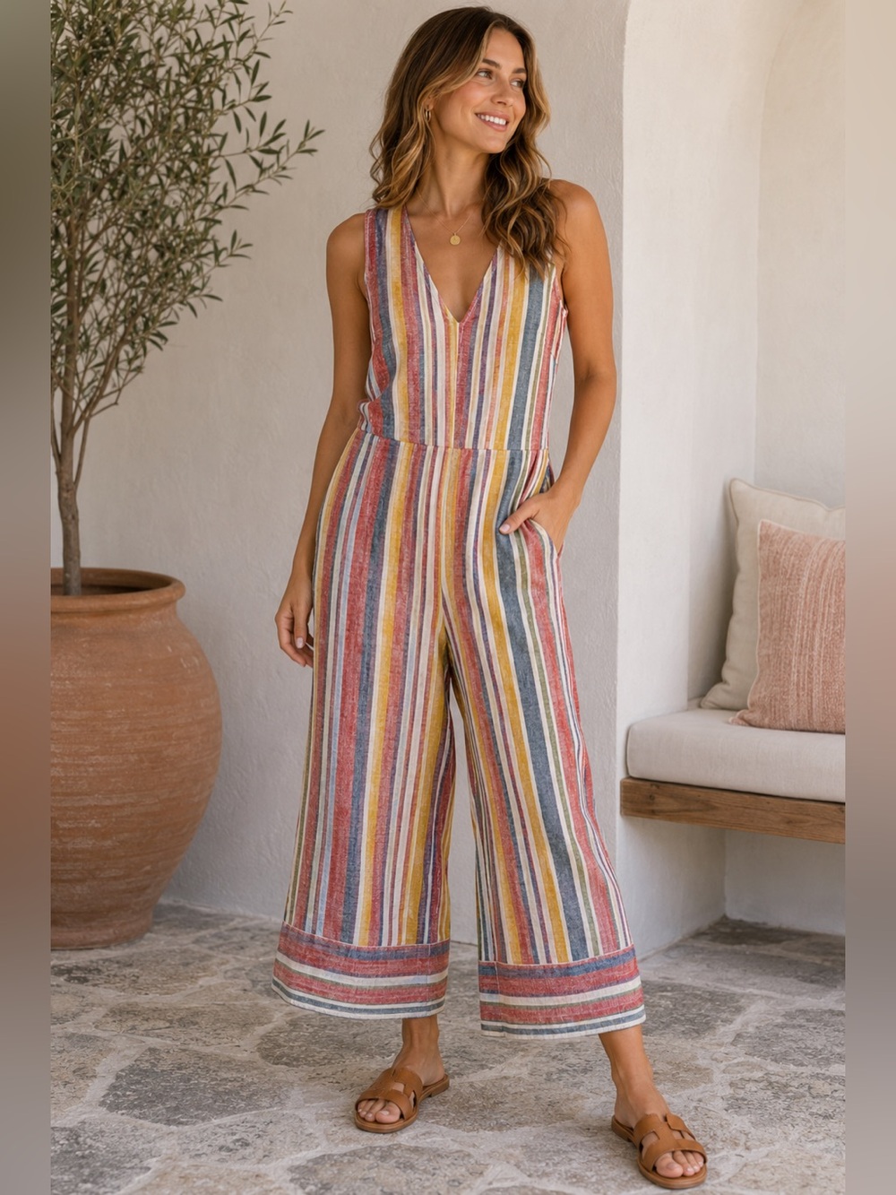 ECI Colorful Striped Linen Blend Jumpsuit Size XS Coastal Vacation Resort Wear